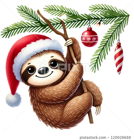 Cute sloth wearing a Santa hat, hanging from a Christmas tree branch. 120026688