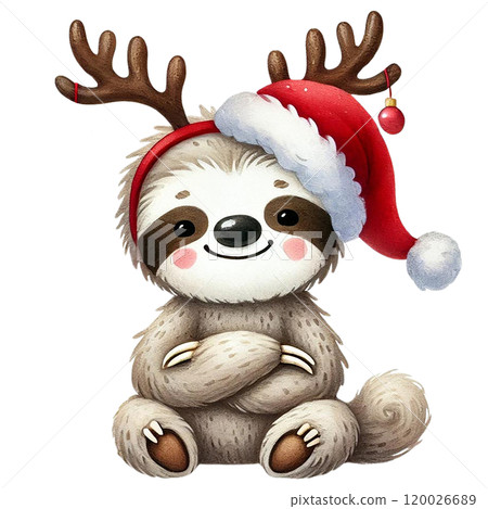Cute sloth wearing a Santa hat and reindeer antlers, joyful and festive. 120026689