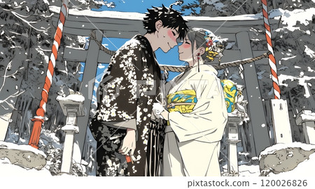 A young couple visiting a shrine for the first time of the year A young couple visiting a shrine for the first time of the year 120026826