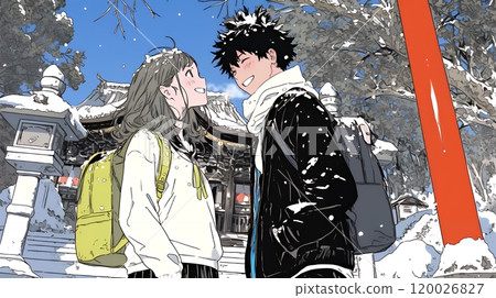A young couple visiting a shrine for the first time of the year 120026827