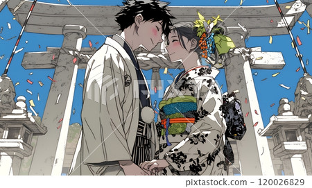 A young couple visiting a shrine for the first time of the year 120026829