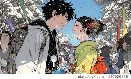 A young couple visiting a shrine for the first time of the year 120026836