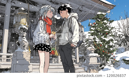 A young couple visiting a shrine for the first time of the year 120026837