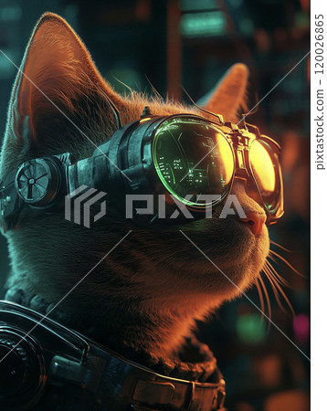 Cyberpunk-style cat wearing goggles AI image Cyberpunk-style cat wearing goggles AI image 120026865