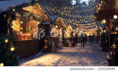 A photo of winter holiday market decorated with warm, glowing festive lights 120026996