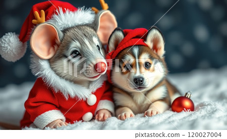Husky puppy and mouse friendly Christmas 120027004