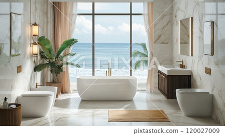An elegant cozy bathroom with white marble tiles, bronze accents, and a large window overlooking the sea. 120027009