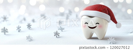A cute tooth wearing a Santa hat, on a white background with snowflakes. 120027012