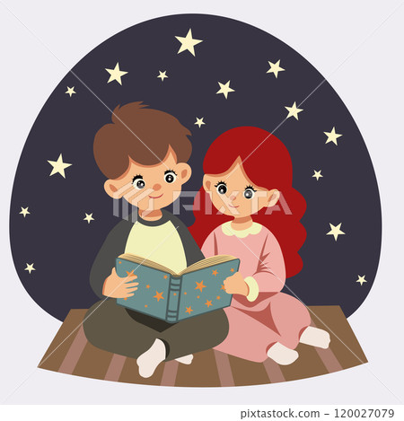 Little boy and girl reading a book under the starry sky. Vector illustration. Little boy and girl reading a book under the starry sky. Vector illustration. 120027079