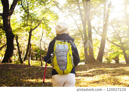 Senior woman hiking, back view Senior woman hiking, back view 120027228