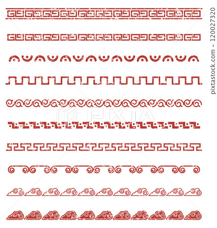 Set of faded Chinese style decorative lines, grunge, vintage 120027320