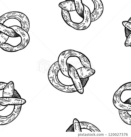 Pretzel black white graphic vector seamless pattern isolated. German pastry with salt hand drawn by ink silhouette. Repeated texture of crisp biscuit baked form of a knot monochrome design packaging. 120027376