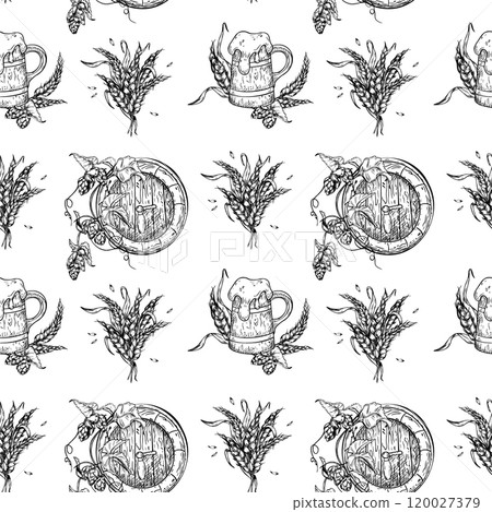 Craft brewing on repeated vector texture. Wooden beer barrel and bunch of wheat ears black white seamless pattern isolated. Tankard with foam beer and hops plant hand drawn for label, packaging. 120027379