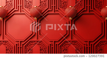 Red Chinese New Year paper cut background with geometric patterns, red lanterns. Generative AI Red Chinese New Year paper cut background with geometric patterns, red lanterns. Generative AI 120027391