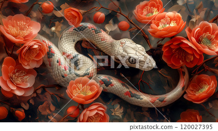 Chinese new year 2025 symbol snake with vibrant orange flowers, new year background. Generative AI 120027395