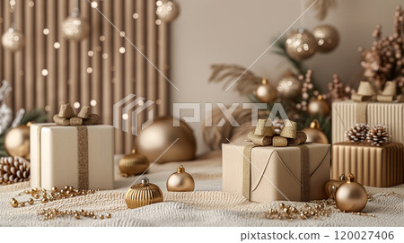 Christmas beige, gold podium with Christmas trees, decorations, gifts. Generative AI 120027406
