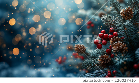 Holiday background with Christmas tree with ornaments, red berries, glowing lights. Generative AI 120027410