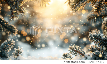 Christmas blue winter background framed by frosty pinecones, evergreen branches. Generative AI 120027412