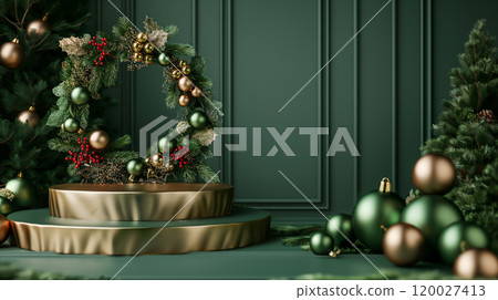 Green Christmas podium with gold decor, greenery, seasonal product presentation. Generative AI 120027413