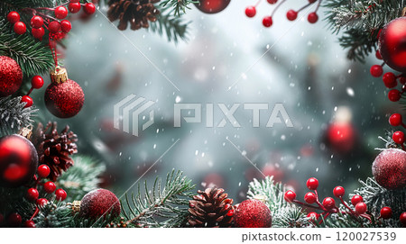 Christmas background with red berries, frosted greenery, cozy winter backdrop. Generative AI 120027539