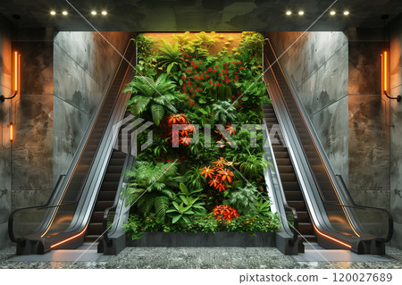 An escalator with various plants growing on its steps, handrail, and surrounding areas 120027689
