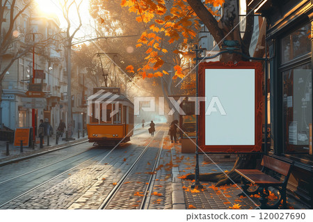 A trolley is seen moving down the tracks in a bustling city setting, mockup 120027690