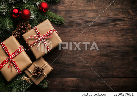 Gifts wrapped under the Christmas tree copy space 120027691