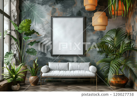 living room couch, green potted plants, and a mirror on the wall, mockup living room couch, green potted plants, and a mirror on the wall, mockup 120027738