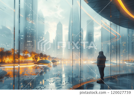 A person standing in front of a transparent glass wall, looking ahead A person standing in front of a transparent glass wall, looking ahead 120027739