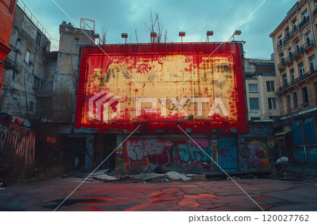 An old building with graffiti on its side, showcasing urban art in a city setting 120027762