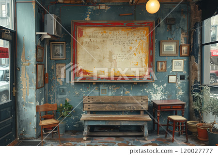 A room featuring a wooden bench with a painting hanging on the wall, mockup A room featuring a wooden bench with a painting hanging on the wall, mockup 120027777