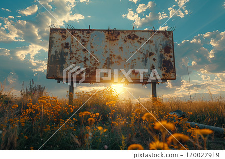 Old rusty sign standing in a field filled under the clear sky mockup 120027919