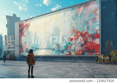 A person is standing in front of a huge painting, examining the intricate details and colors, mockup 120027926