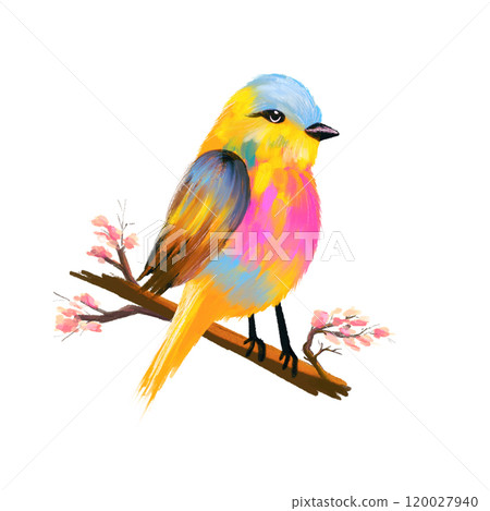 A bright bird sits on a flowering branch in profile A bright bird sits on a flowering branch in profile 120027940