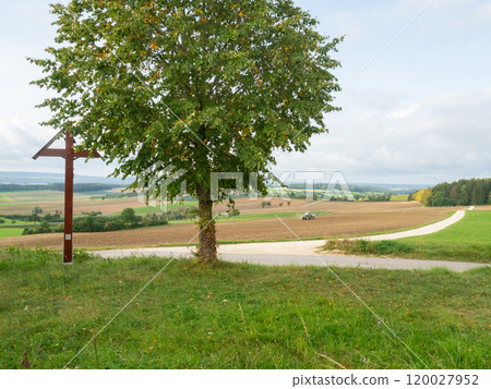 Schwaebische Alb, Germany - September 30th 2023: Beautiful viewpoint at a crossing of country roads 120027952