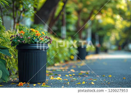 A black trash can is placed on the side of the road mockup 120027953
