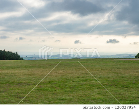 Bopfingen, Germany - September 30th 2023: Panoramic view from the height of Schwaebische Alb. Bopfingen, Germany - September 30th 2023: Panoramic view from the height of Schwaebische Alb. 120027954