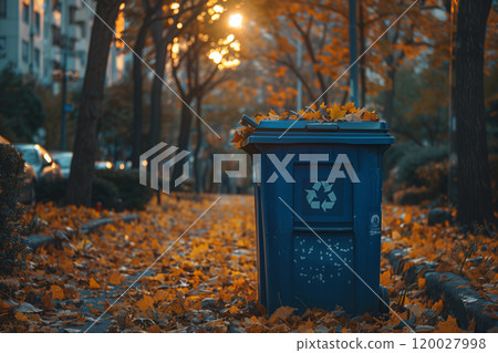 A blue trash can sits in the middle of a park, mockup A blue trash can sits in the middle of a park, mockup 120027998