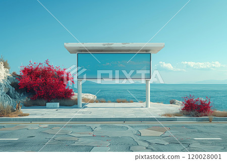 A billboard stands on the roadside next to the ocean, advertising various products or services, mockup 120028001
