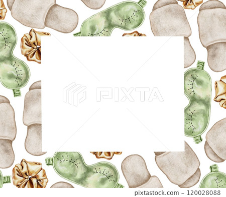 Home care accessories, sleep mask, clippers and silk hair band, everything for coziness and comfortable rest frame. Watercolor illustration of home comfort, mental health.  120028088