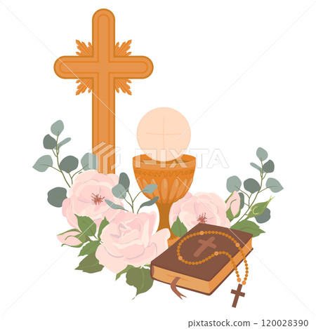 Symbols of the First Communion. Vector. Golden wine cup, Grail, bread, Bible, rosary, wine, white roses and crucifix. Festively decorated altar. Symbolizes the sacred sacrifice of Jesus Christ. Symbols of the First Communion. Vector. Golden wine cup, Grail, bread, Bible, rosary, wine, white roses and crucifix. Festively decorated altar. Symbolizes the sacred sacrifice of Jesus Christ. 120028390