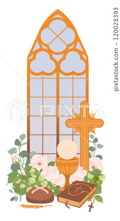 First Communion symbols. Vector. Golden wine cup, Grail, bread, Bible, rosary, wine, white roses and crucifix. Festively decorated altar in the church. Clipart for holiday invitations, greeting cards. 120028393