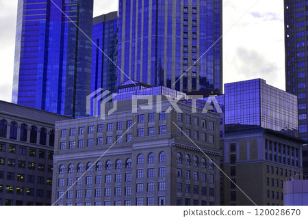 Colorful glass skyscrapers, building facades, minimalistic cityscape, modern architecture 120028670