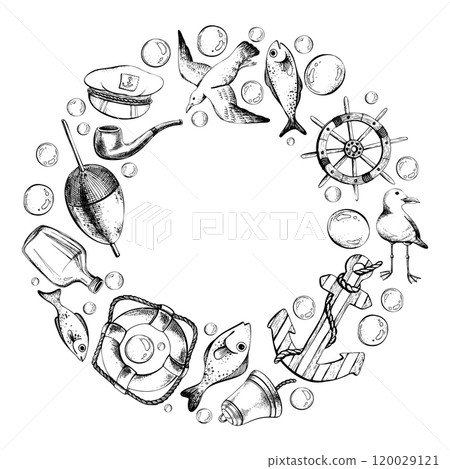 Round frame with elements of sea fishing, yachts, steering wheel, anchor, bubbles. Graphic linear drawing, hand drawn in black and white monochrome. nautical. Frame template wreath 120029121