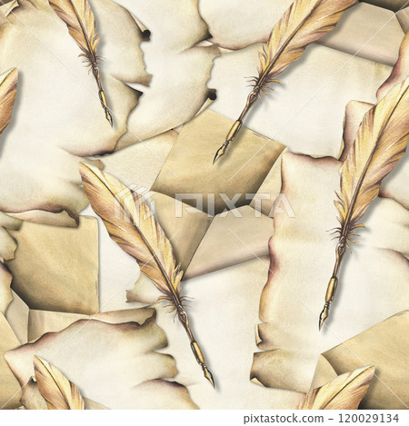 Kraft paper sheet, envelopes, gold ink pen for writing in vintage retro style. Watercolor illustration hand drawn. Seamless pattern, endlessly repeating ornament. 120029134