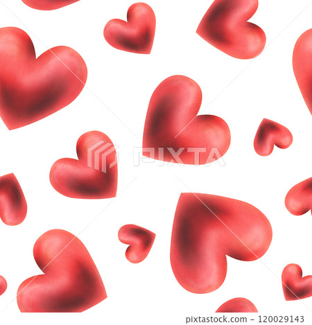 Hearts red passionate, voluminous, different sizes and tilts, romantic for weddings, Valentine's Day. Watercolor illustration hand-drawn. Seamless pattern on a white background, infinitely repeating. Hearts red passionate, voluminous, different sizes and tilts, romantic for weddings, Valentine's Day. Watercolor illustration hand-drawn. Seamless pattern on a white background, infinitely repeating. 120029143