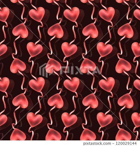 Red volumetric heart like that with red ribbons. Hand drawn watercolor illustration for weddings, Valentine's day, romance, cards, posters, decorations. Seamless pattern on a dark background. Red volumetric heart like that with red ribbons. Hand drawn watercolor illustration for weddings, Valentine's day, romance, cards, posters, decorations. Seamless pattern on a dark background. 120029144