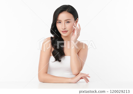 Beautiful young asian woman with clean fresh skin on white background, Face care, Facial treatment, Cosmetology, beauty and spa, Asian women portrait. Beautiful young asian woman with clean fresh skin on white background, Face care, Facial treatment, Cosmetology, beauty and spa, Asian women portrait. 120029213