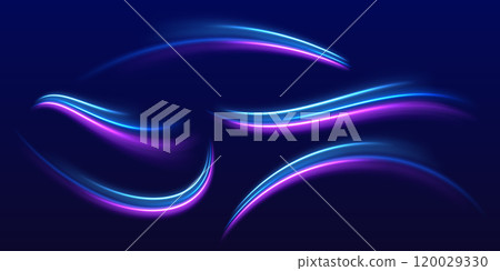 Speed police line. Laser beams, horizontal light rays. Magic shining neon light line trails. Purple glowing wave swirl, impulse cable lines. High speed effect motion blur night lights Speed police line. Laser beams, horizontal light rays. Magic shining neon light line trails. Purple glowing wave swirl, impulse cable lines. High speed effect motion blur night lights 120029330