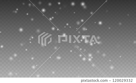 Realistic falling snow with snowflakes and clouds. Vector heavy snowfall, snowflakes in different shapes and forms. Many white cold flake elements on transparent background. 120029332